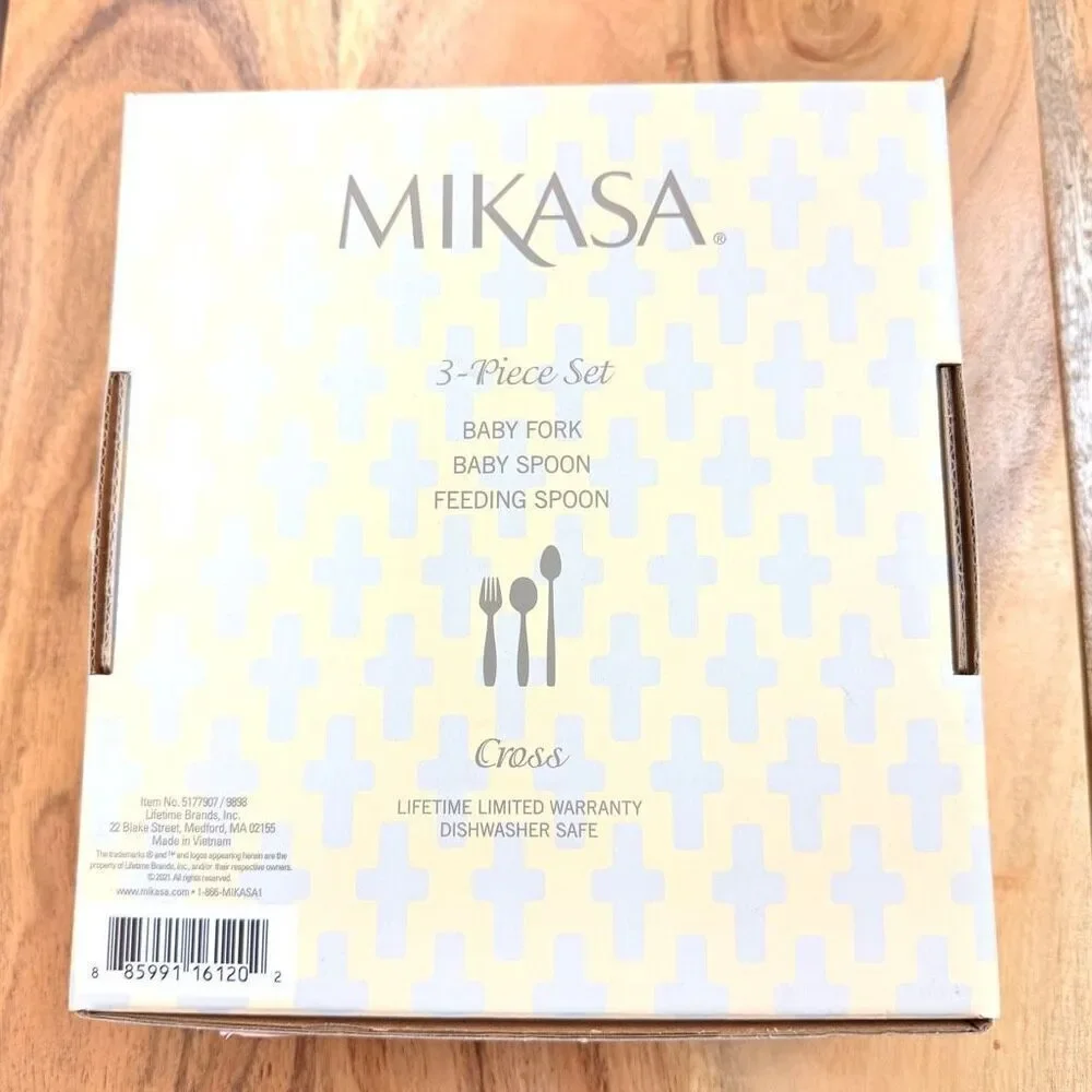 NWT Mikasa 3 Pc set baby Memento Box cross & beaded design Silver flatware set